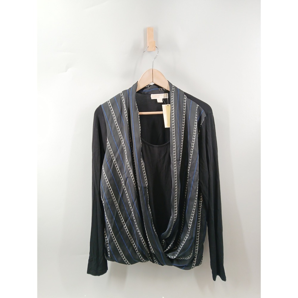 Michael Kors Draped Wrap Top Womens XL Black Silver Chain Stripe Long Sleeve